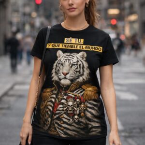 camiseta negra con tigre militar y frase se tu y que tiemble el mundo
