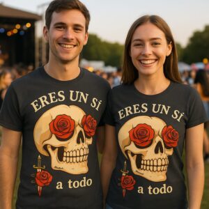 camiseta negra con calavera y rosas rojas frase eres un si a todo