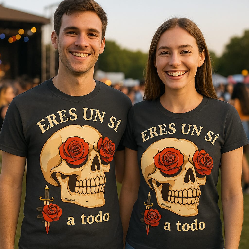 camiseta negra con calavera y rosas rojas frase eres un si a todo
