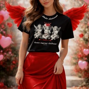 camiseta negra con angeles y frase malas decisiones hacen mejores historias