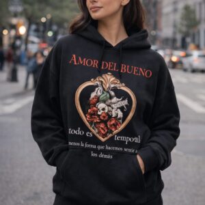 sudadera negra con capucha amor del bueno corazon rosas