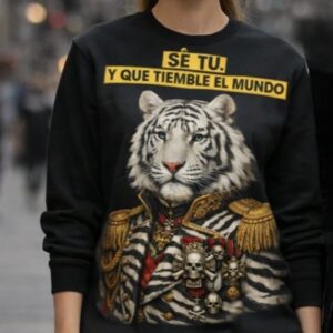 sudadera negra con tigre y frase se tu y que tiemble el mundo